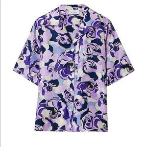Art Dealer 100% Silk Purpal floral pearl button front blouse sz XS